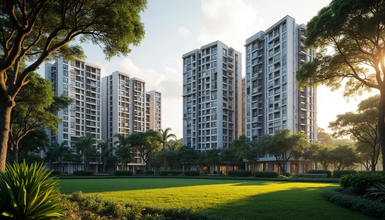 Illustration of low-rise modern condominium blocks among tropical trees in a leafy Singapore neighbourhood